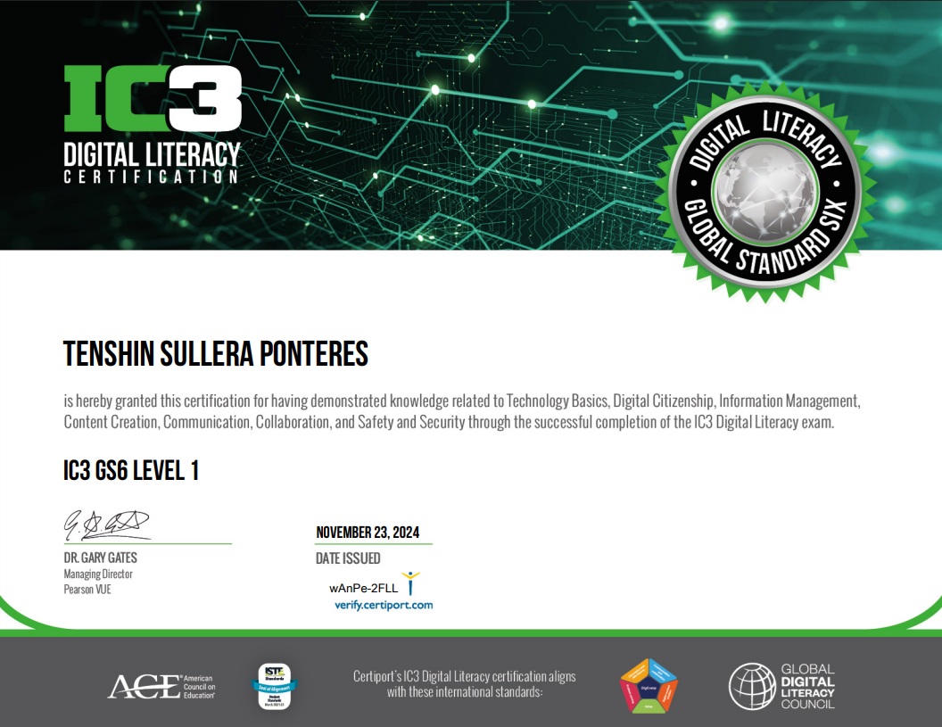 IC3 GS6 Level 1 certification certificate