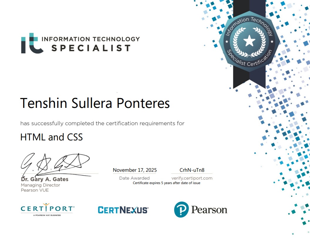 Information Technology Specialist HTML and CSS certification certificate