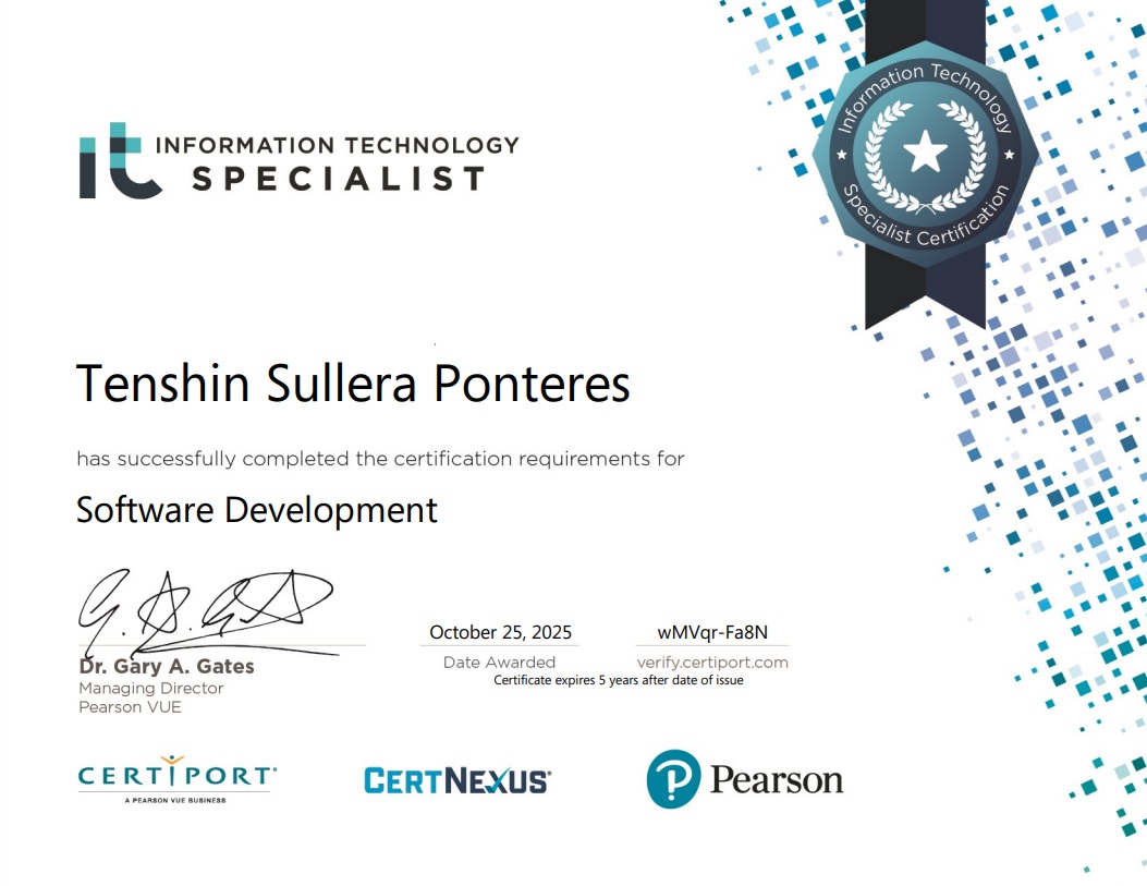 Information Technology Specialist Software Development certification certificate